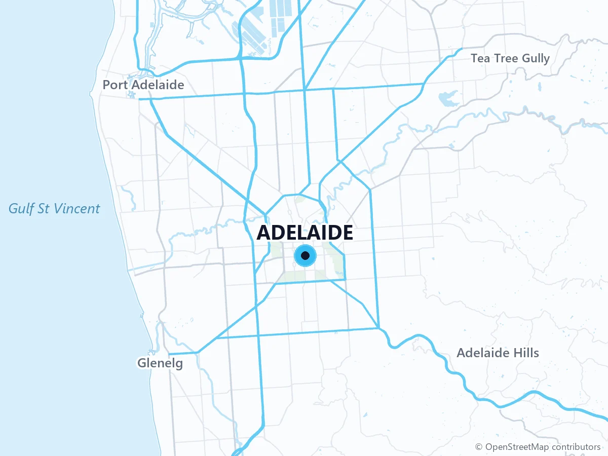 Map of Adelaide from Gulf St Vincent to the Adelaide Hills